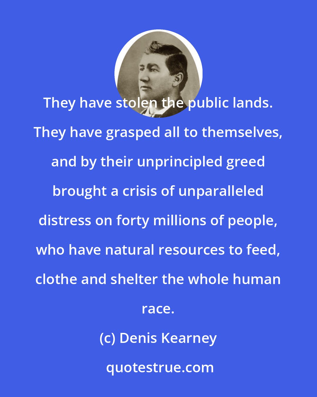 Denis Kearney: They have stolen the public lands. They have grasped all to themselves, and by their unprincipled greed brought a crisis of unparalleled distress on forty millions of people, who have natural resources to feed, clothe and shelter the whole human race.