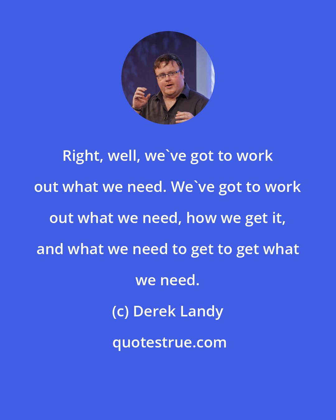 Derek Landy: Right, well, we've got to work out what we need. We've got to work out what we need, how we get it, and what we need to get to get what we need.