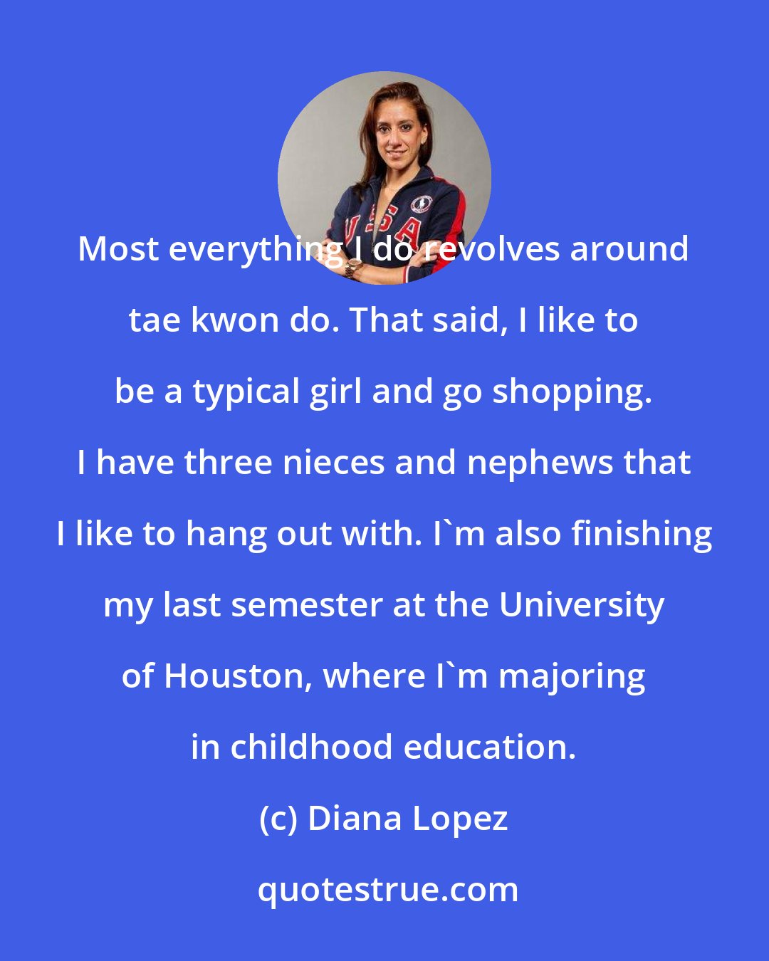 Diana Lopez: Most everything I do revolves around tae kwon do. That said, I like to be a typical girl and go shopping. I have three nieces and nephews that I like to hang out with. I'm also finishing my last semester at the University of Houston, where I'm majoring in childhood education.