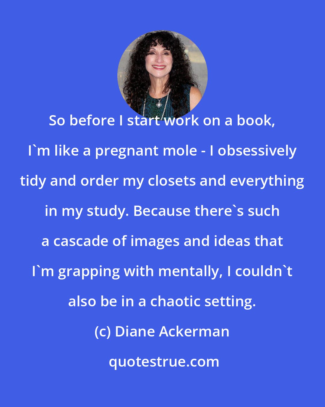 Diane Ackerman: So before I start work on a book, I'm like a pregnant mole - I obsessively tidy and order my closets and everything in my study. Because there's such a cascade of images and ideas that I'm grapping with mentally, I couldn't also be in a chaotic setting.