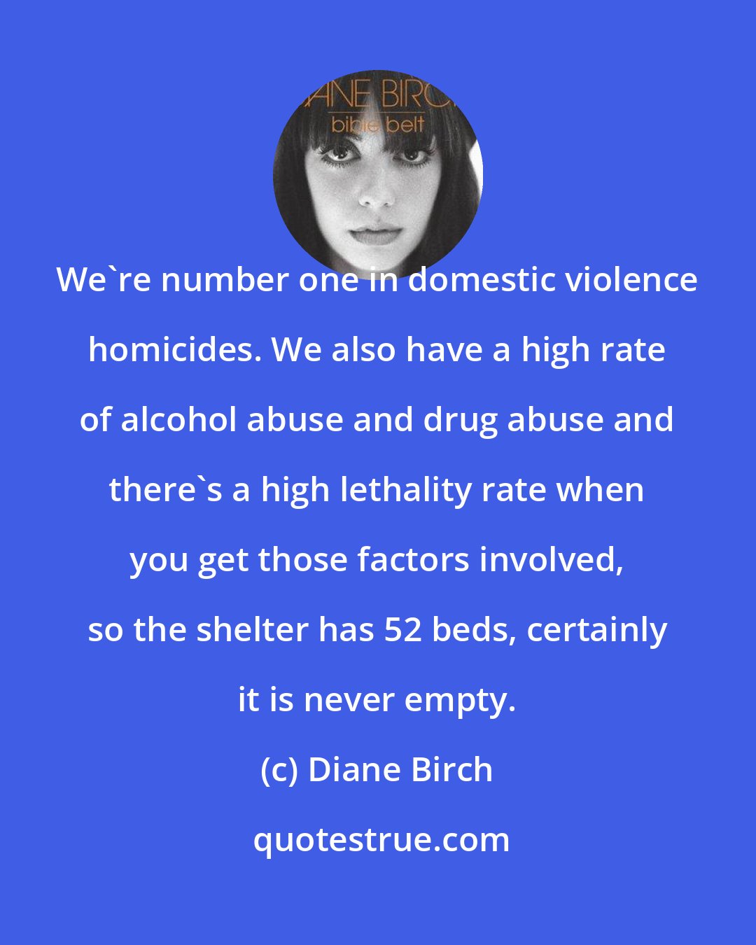 Diane Birch: We're number one in domestic violence homicides. We also have a high rate of alcohol abuse and drug abuse and there's a high lethality rate when you get those factors involved, so the shelter has 52 beds, certainly it is never empty.