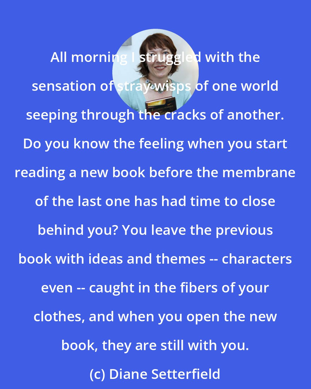 Diane Setterfield: All morning I struggled with the sensation of stray wisps of one world seeping through the cracks of another. Do you know the feeling when you start reading a new book before the membrane of the last one has had time to close behind you? You leave the previous book with ideas and themes -- characters even -- caught in the fibers of your clothes, and when you open the new book, they are still with you.