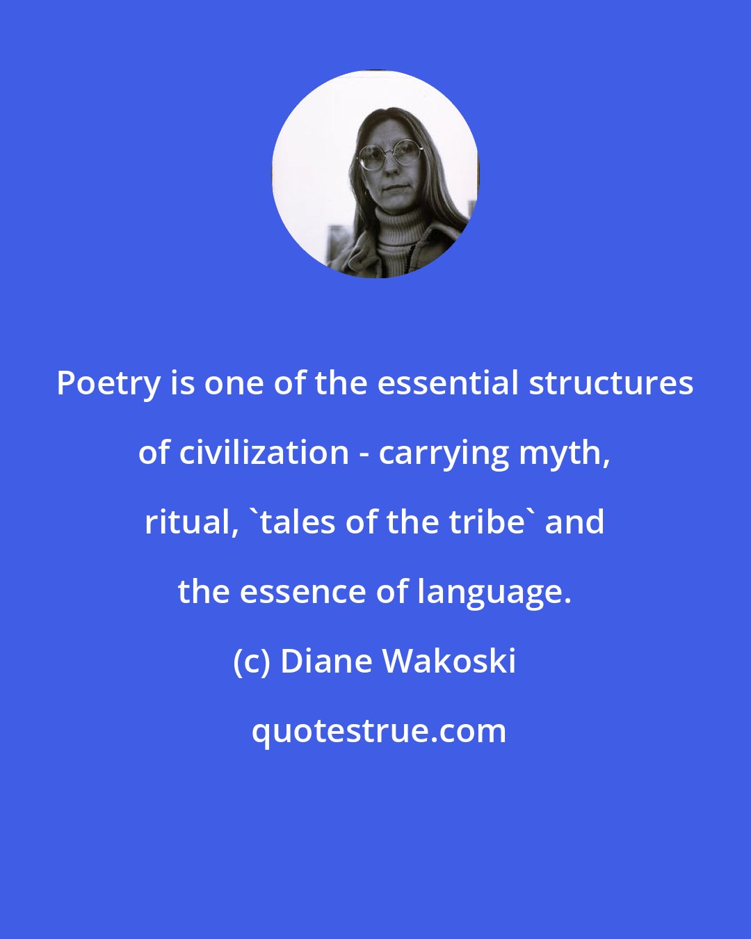 Diane Wakoski: Poetry is one of the essential structures of civilization - carrying myth, ritual, 'tales of the tribe' and the essence of language.