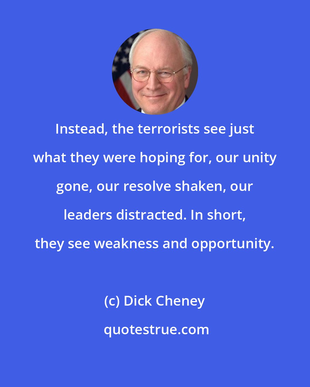 Dick Cheney: Instead, the terrorists see just what they were hoping for, our unity gone, our resolve shaken, our leaders distracted. In short, they see weakness and opportunity.