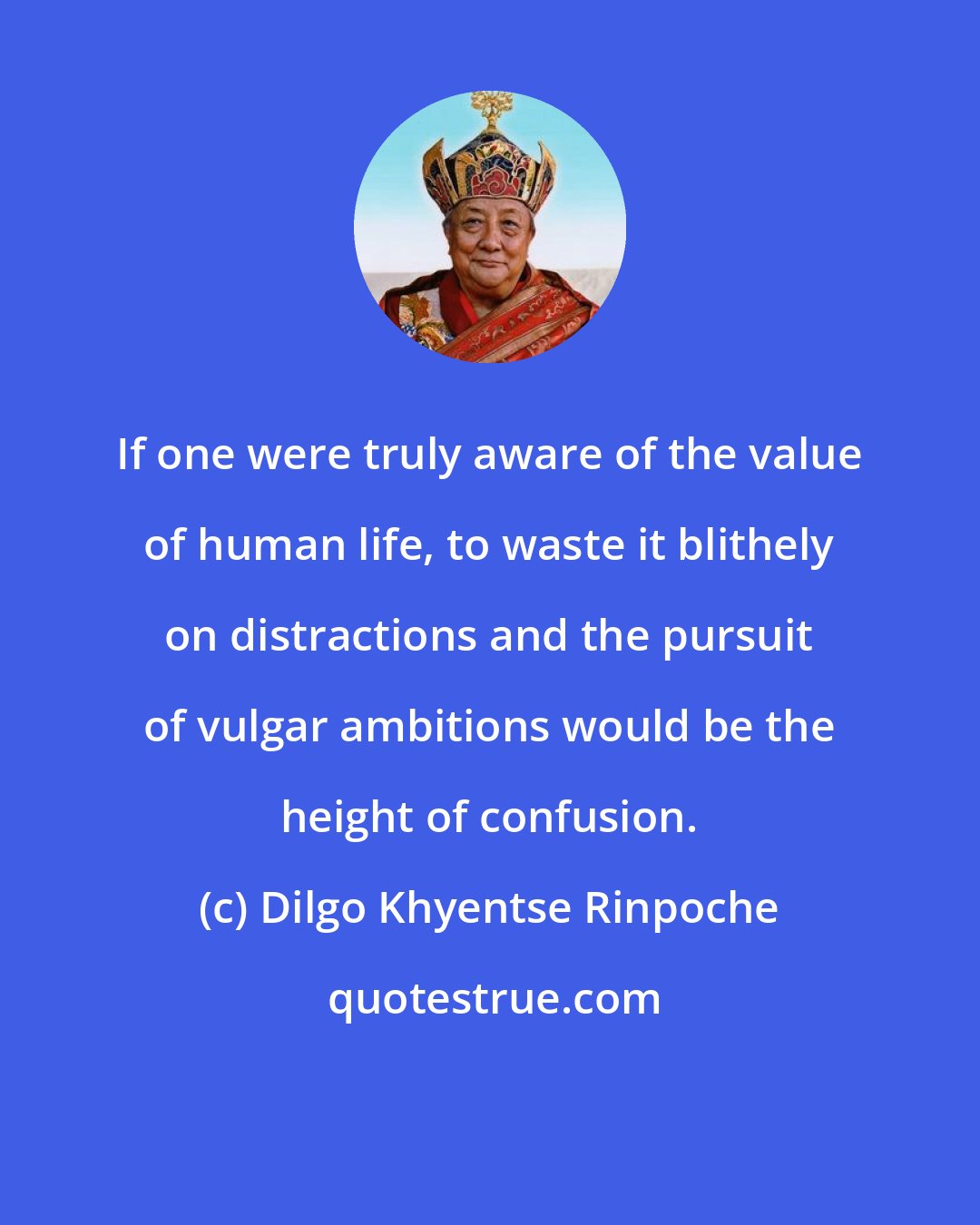 Dilgo Khyentse Rinpoche: If one were truly aware of the value of human life, to waste it blithely on distractions and the pursuit of vulgar ambitions would be the height of confusion.