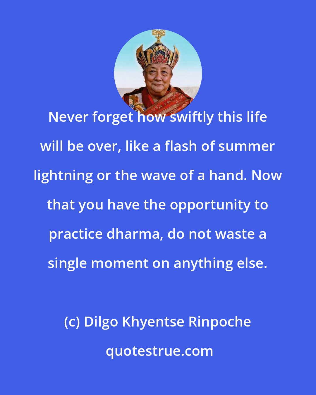 Dilgo Khyentse Rinpoche: Never forget how swiftly this life will be over, like a flash of summer lightning or the wave of a hand. Now that you have the opportunity to practice dharma, do not waste a single moment on anything else.