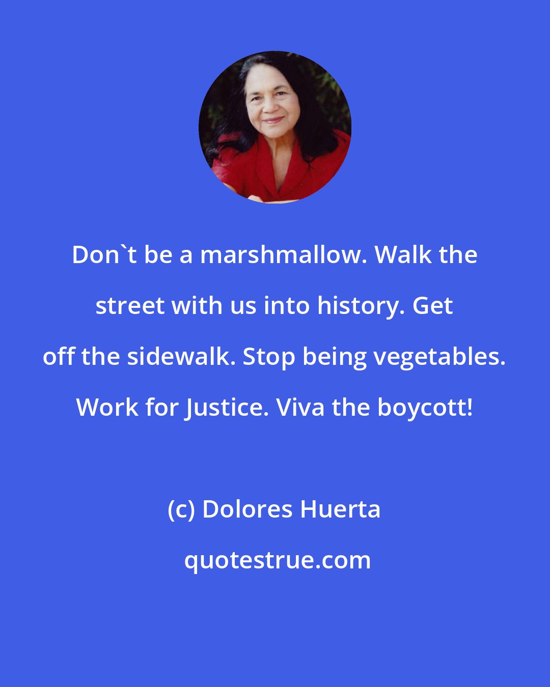 Dolores Huerta: Don't be a marshmallow. Walk the street with us into history. Get off the sidewalk. Stop being vegetables. Work for Justice. Viva the boycott!