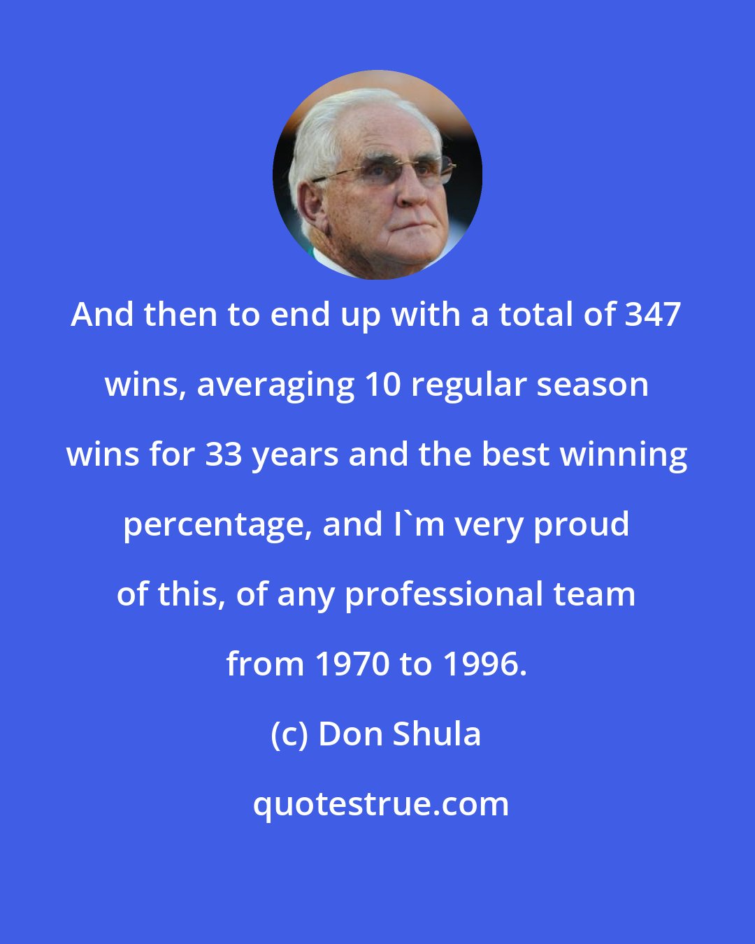 Don Shula: And then to end up with a total of 347 wins, averaging 10 regular season wins for 33 years and the best winning percentage, and I'm very proud of this, of any professional team from 1970 to 1996.