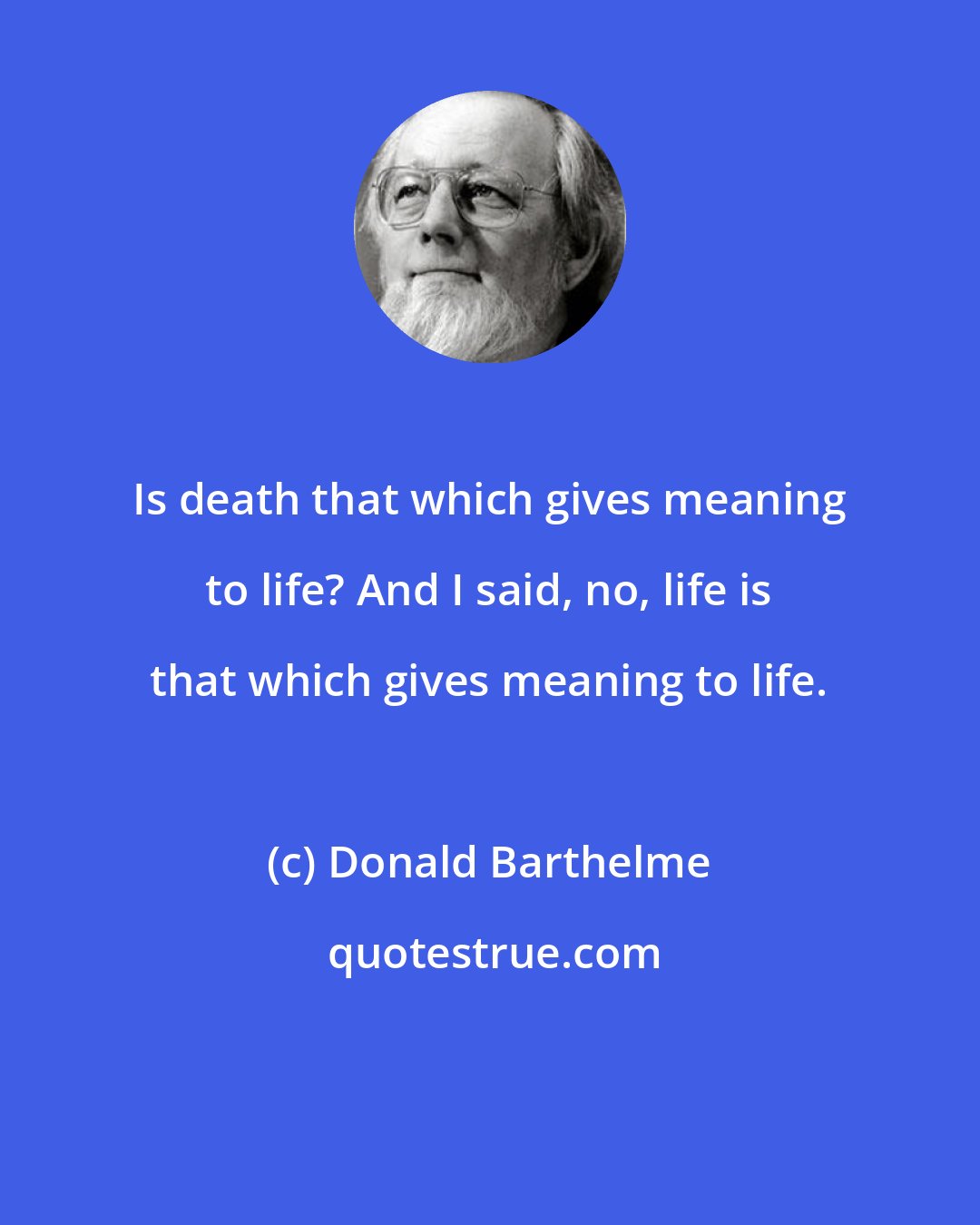 Donald Barthelme: Is death that which gives meaning to life? And I said, no, life is that which gives meaning to life.