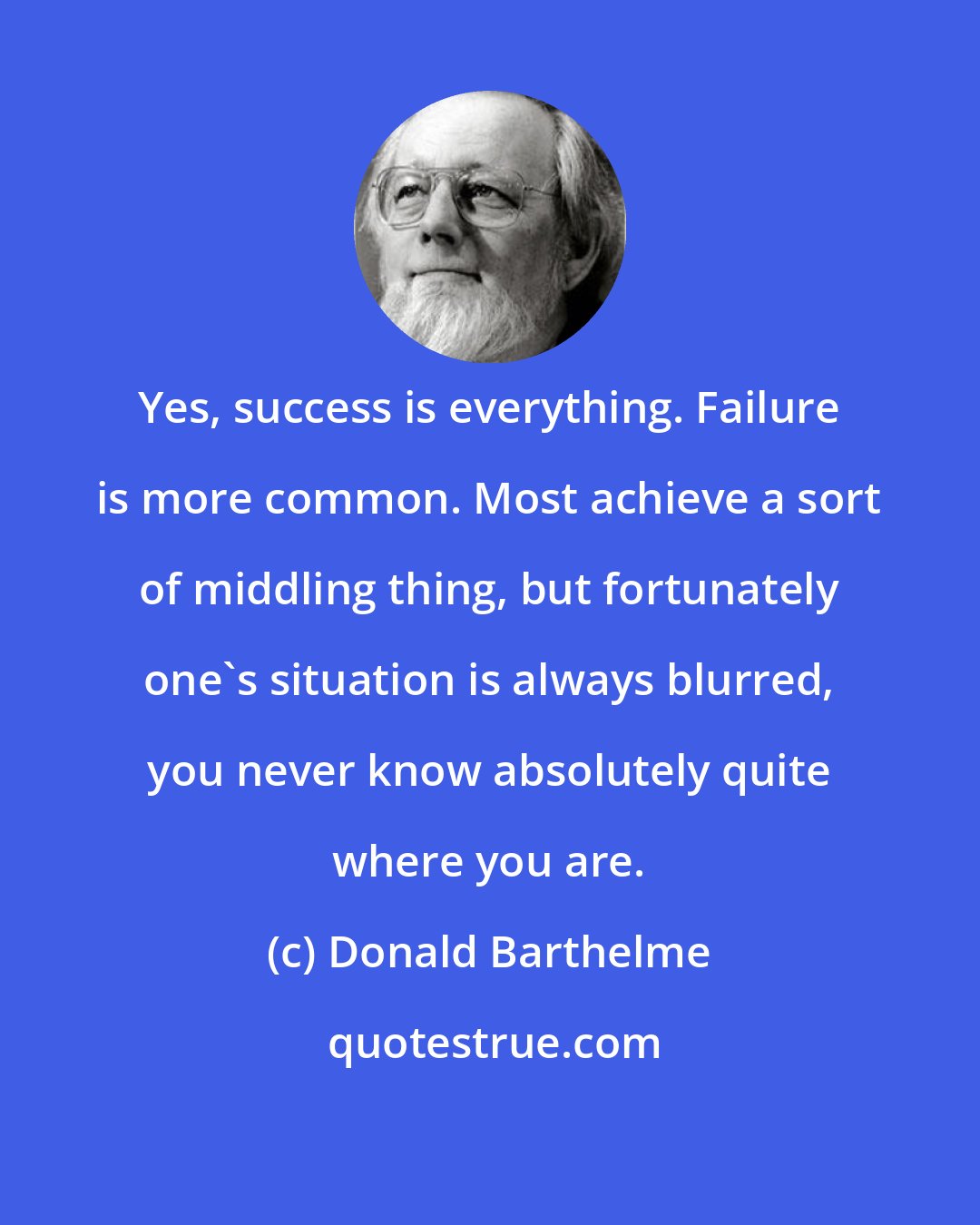 Donald Barthelme: Yes, success is everything. Failure is more common. Most achieve a sort of middling thing, but fortunately one's situation is always blurred, you never know absolutely quite where you are.