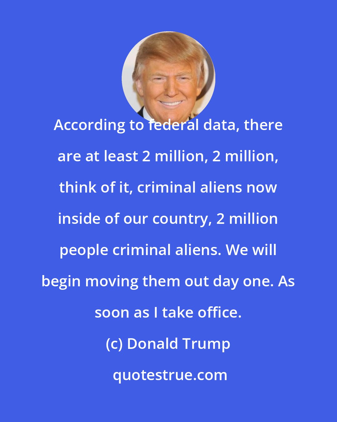 Donald Trump: According to federal data, there are at least 2 million, 2 million, think of it, criminal aliens now inside of our country, 2 million people criminal aliens. We will begin moving them out day one. As soon as I take office.