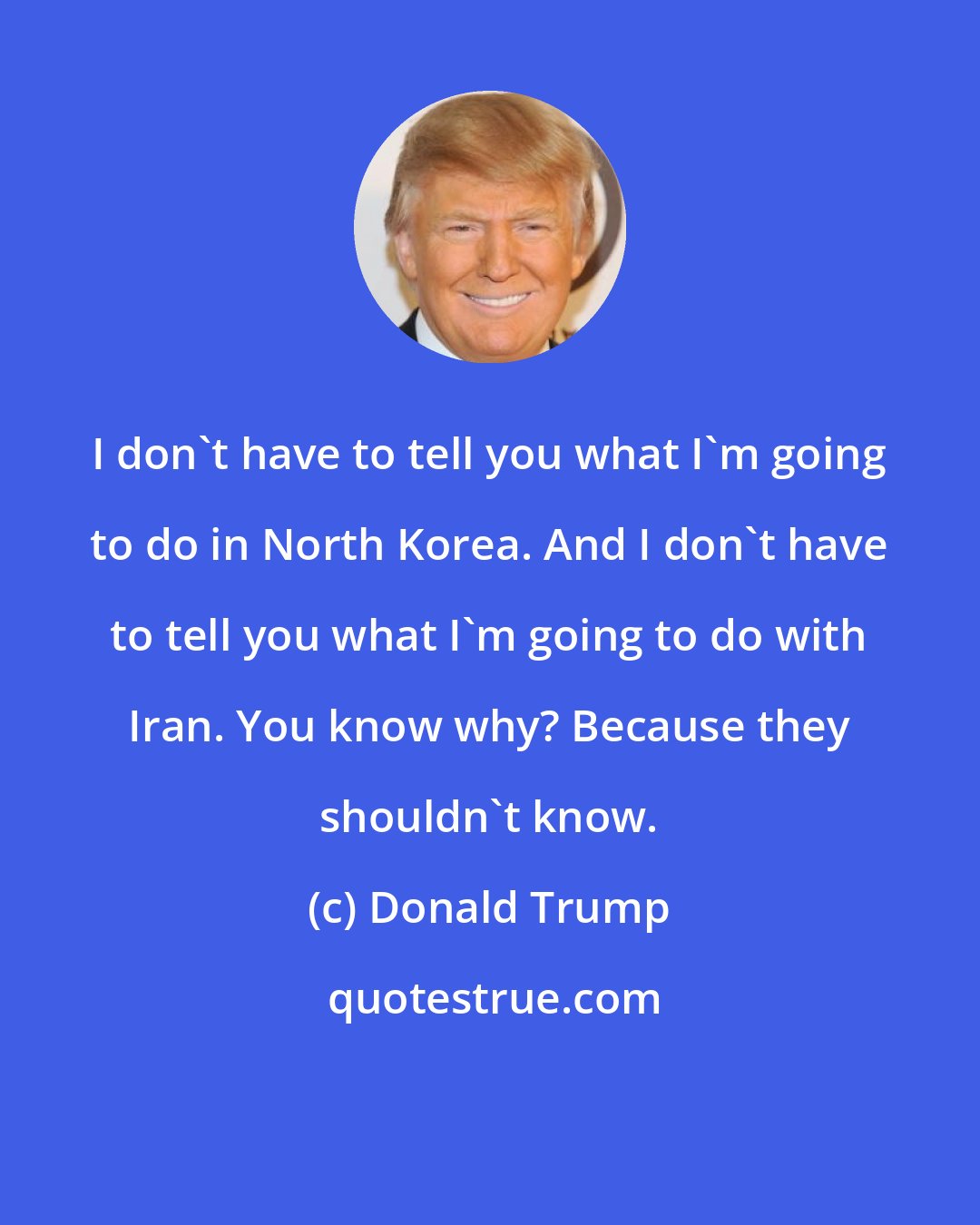 Donald Trump: I don't have to tell you what I'm going to do in North Korea. And I don't have to tell you what I'm going to do with Iran. You know why? Because they shouldn't know.