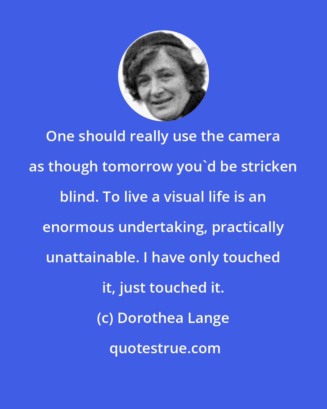 Dorothea Lange: One should really use the camera as though tomorrow you'd be stricken blind. To live a visual life is an enormous undertaking, practically unattainable. I have only touched it, just touched it.