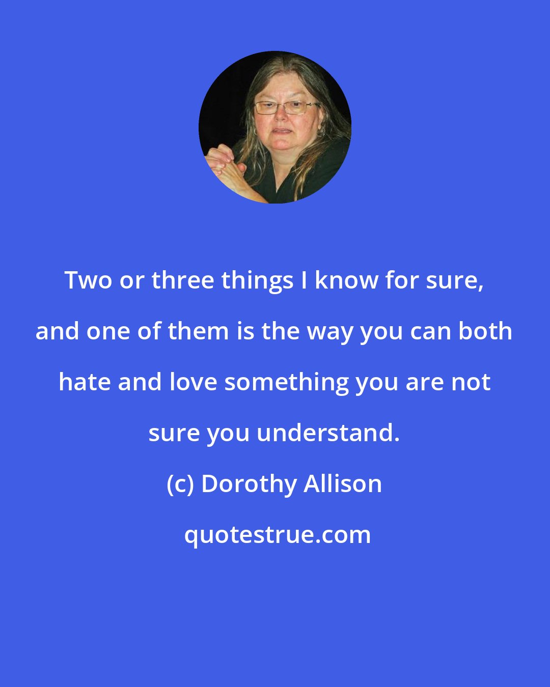 Dorothy Allison: Two or three things I know for sure, and one of them is the way you can both hate and love something you are not sure you understand.