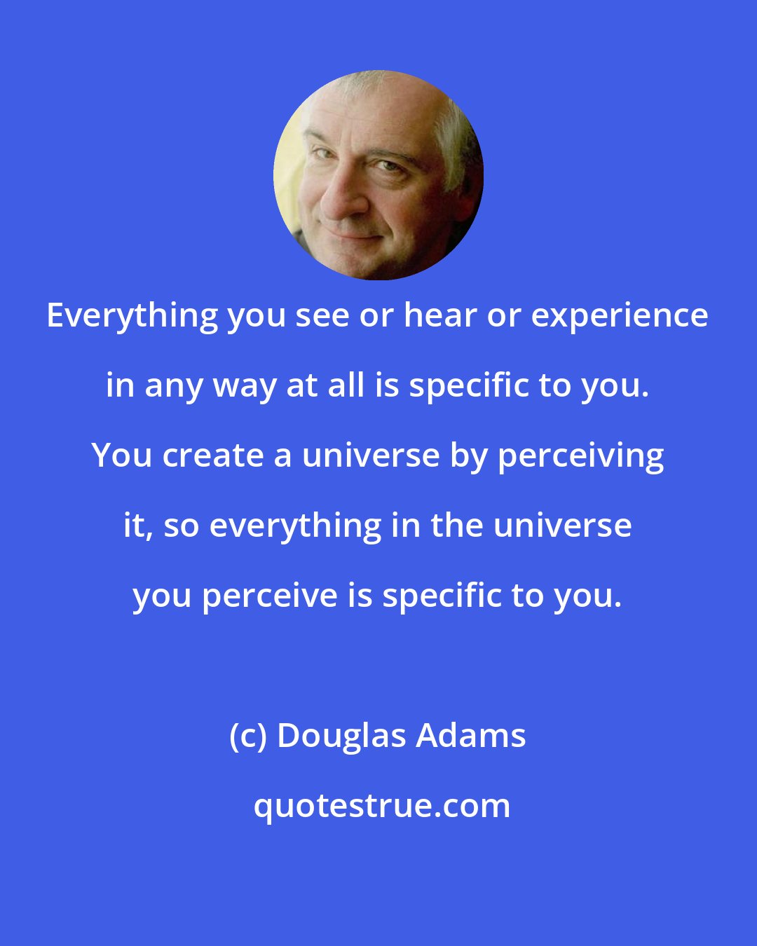 Douglas Adams: Everything you see or hear or experience in any way at all is specific to you. You create a universe by perceiving it, so everything in the universe you perceive is specific to you.