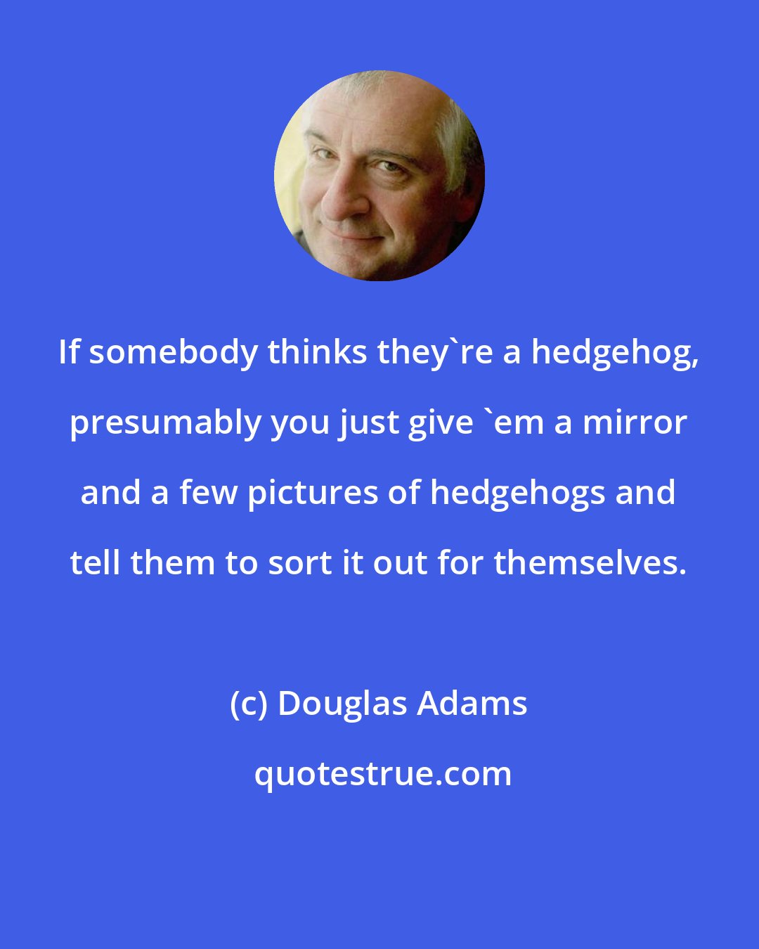 Douglas Adams: If somebody thinks they're a hedgehog, presumably you just give 'em a mirror and a few pictures of hedgehogs and tell them to sort it out for themselves.