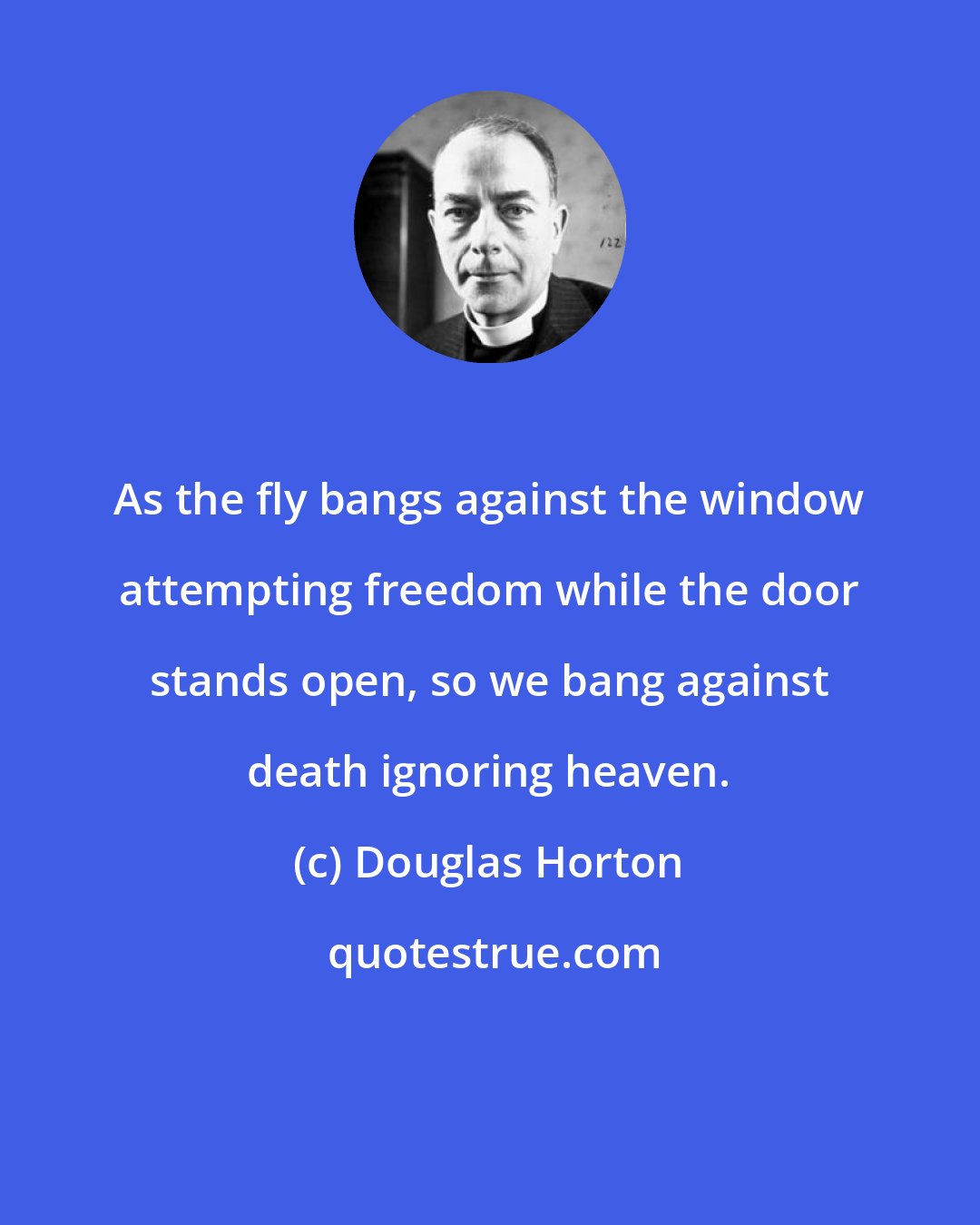 Douglas Horton: As the fly bangs against the window attempting freedom while the door stands open, so we bang against death ignoring heaven.