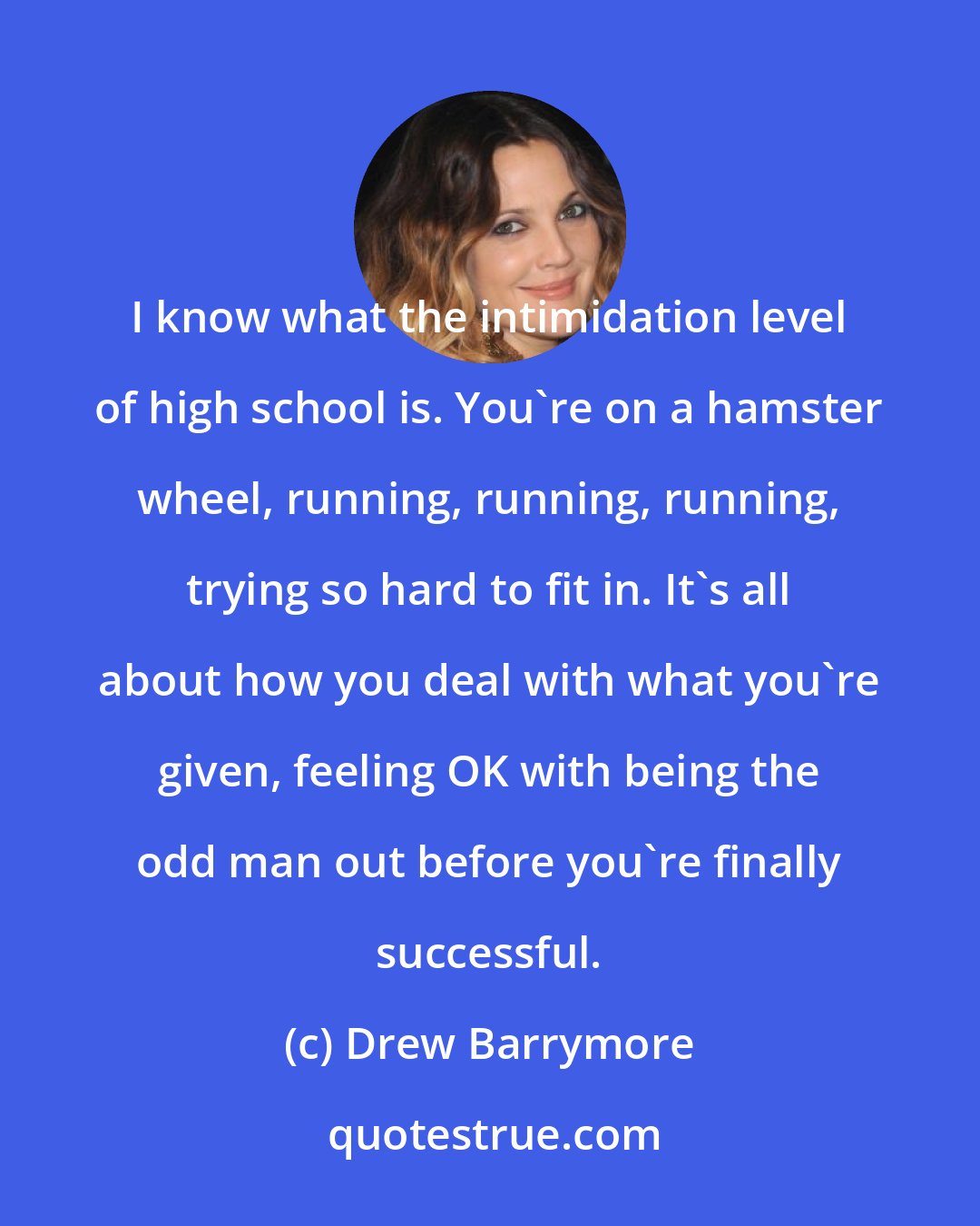 Drew Barrymore: I know what the intimidation level of high school is. You're on a hamster wheel, running, running, running, trying so hard to fit in. It's all about how you deal with what you're given, feeling OK with being the odd man out before you're finally successful.