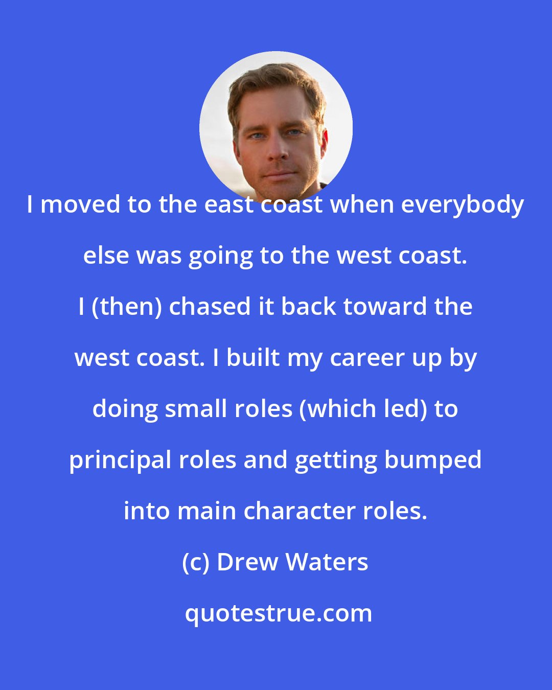 Drew Waters: I moved to the east coast when everybody else was going to the west coast. I (then) chased it back toward the west coast. I built my career up by doing small roles (which led) to principal roles and getting bumped into main character roles.