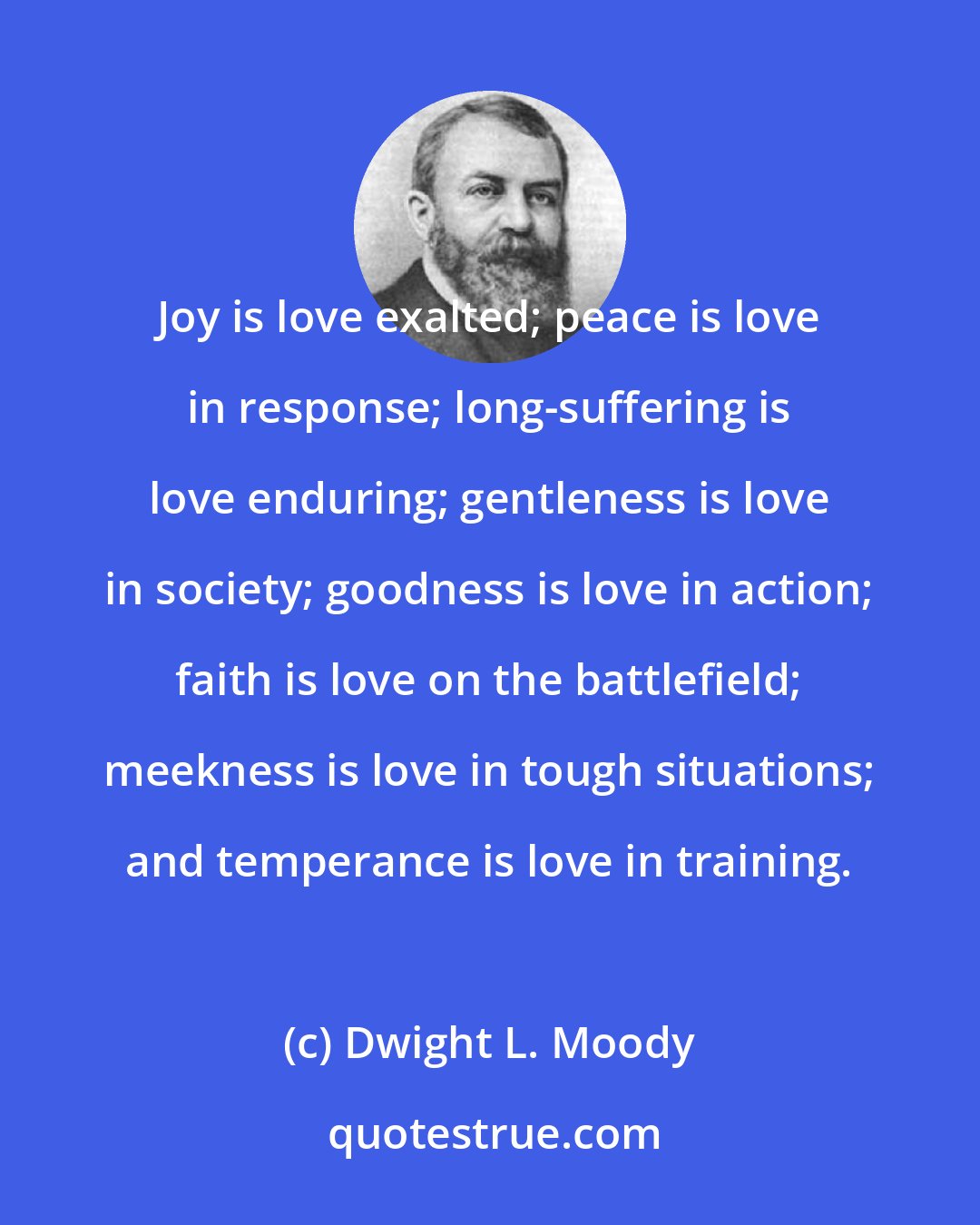 Dwight L. Moody: Joy is love exalted; peace is love in response; long-suffering is love enduring; gentleness is love in society; goodness is love in action; faith is love on the battlefield; meekness is love in tough situations; and temperance is love in training.