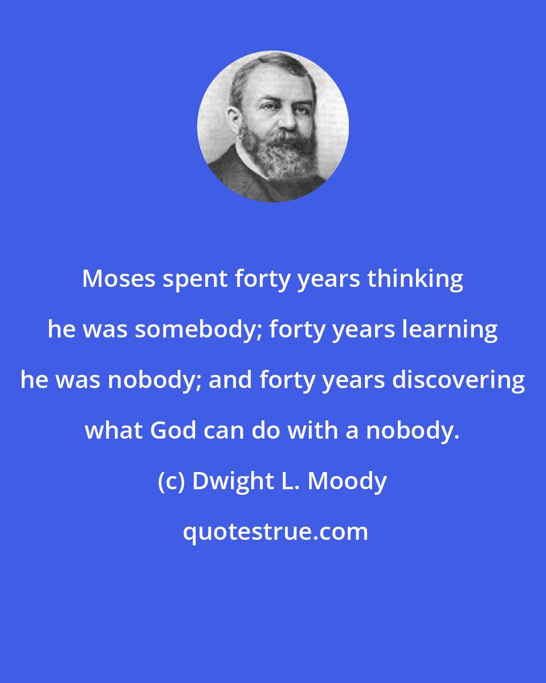 Dwight L. Moody: Moses spent forty years thinking he was somebody; forty years learning he was nobody; and forty years discovering what God can do with a nobody.