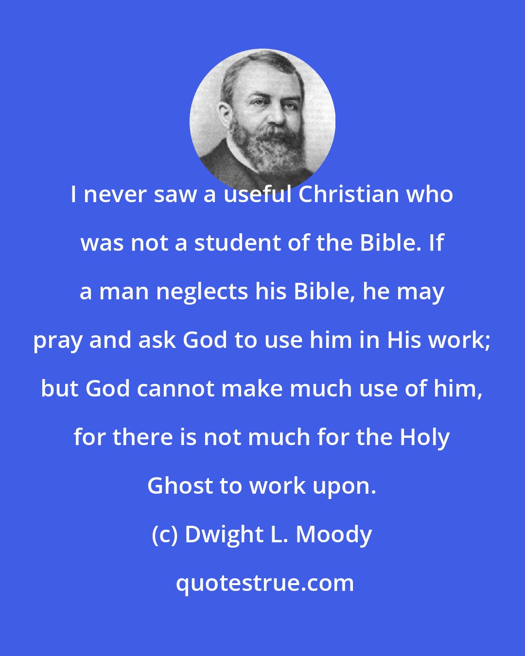 Dwight L. Moody: I never saw a useful Christian who was not a student of the Bible. If a man neglects his Bible, he may pray and ask God to use him in His work; but God cannot make much use of him, for there is not much for the Holy Ghost to work upon.