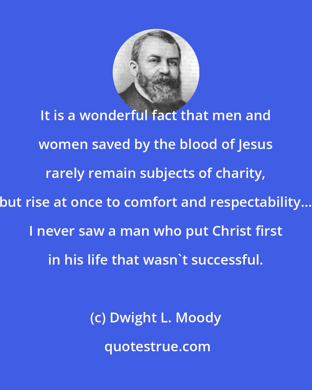 Dwight L. Moody: It is a wonderful fact that men and women saved by the blood of Jesus rarely remain subjects of charity, but rise at once to comfort and respectability... I never saw a man who put Christ first in his life that wasn't successful.