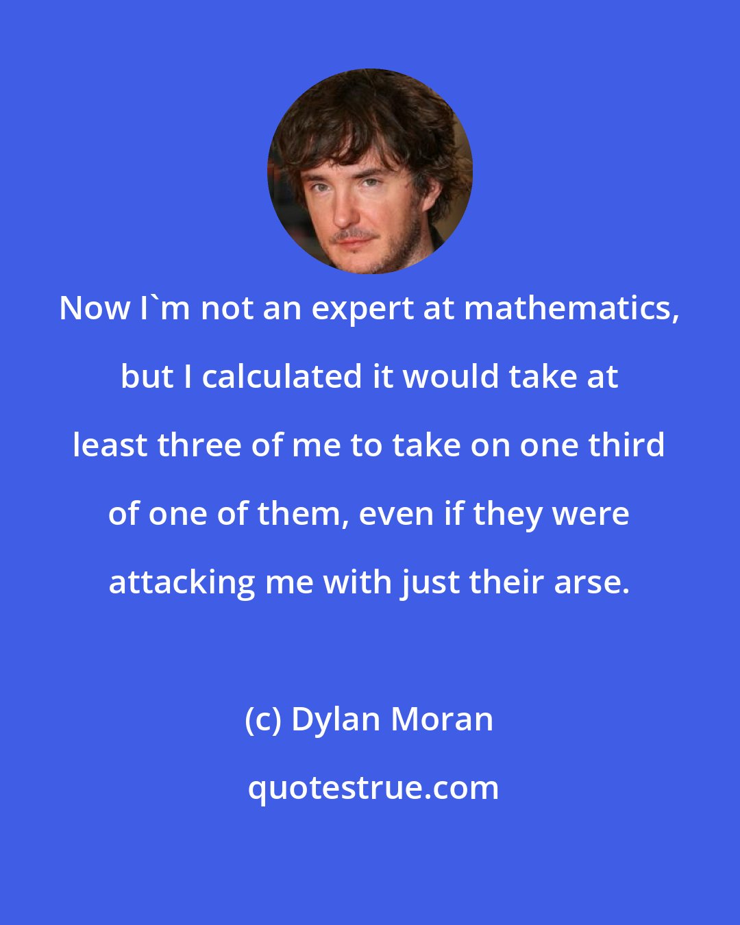 Dylan Moran: Now I'm not an expert at mathematics, but I calculated it would take at least three of me to take on one third of one of them, even if they were attacking me with just their arse.