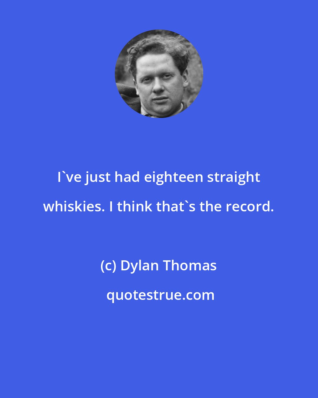 Dylan Thomas: I've just had eighteen straight whiskies. I think that's the record.