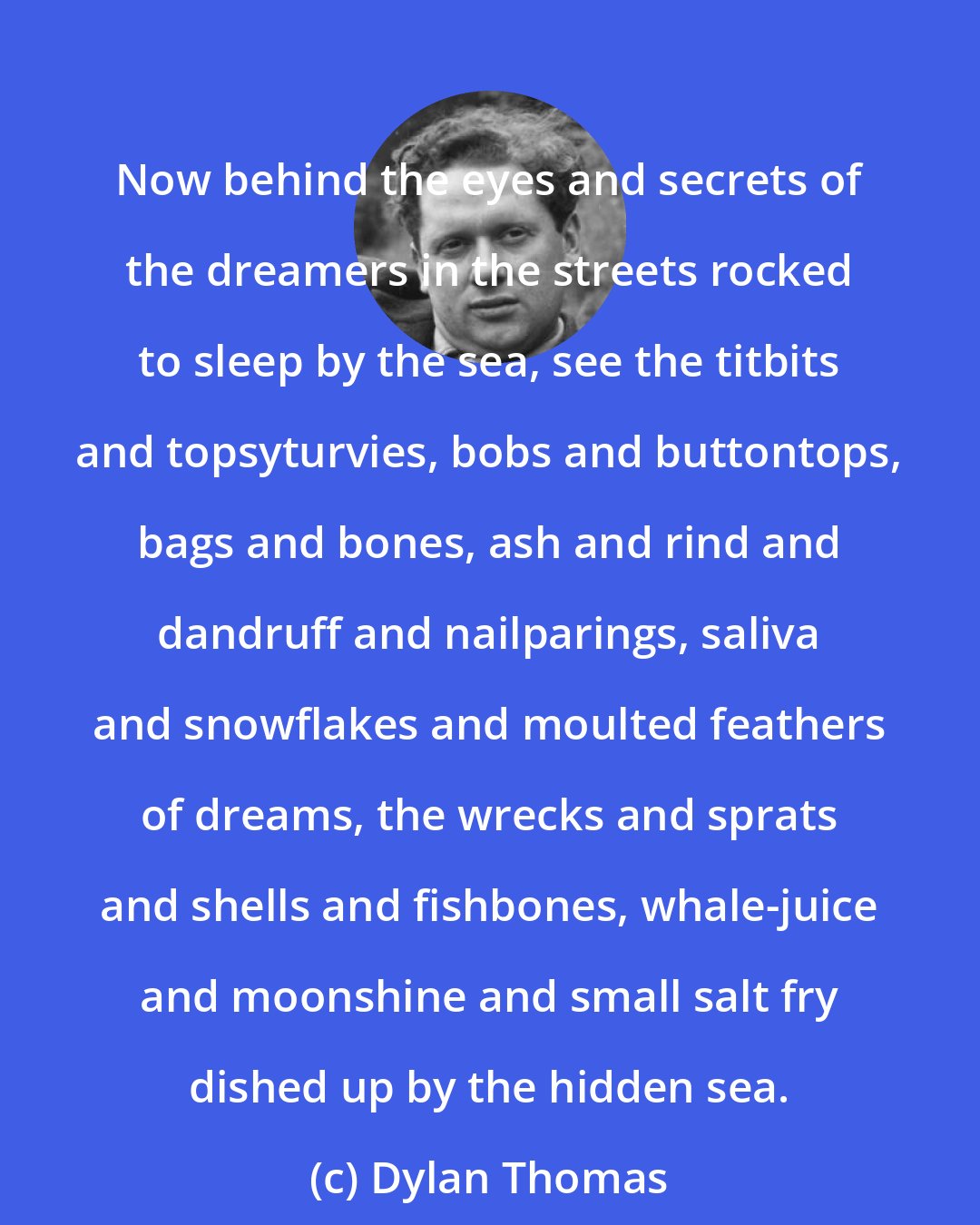 Dylan Thomas: Now behind the eyes and secrets of the dreamers in the streets rocked to sleep by the sea, see the titbits and topsyturvies, bobs and buttontops, bags and bones, ash and rind and dandruff and nailparings, saliva and snowflakes and moulted feathers of dreams, the wrecks and sprats and shells and fishbones, whale-juice and moonshine and small salt fry dished up by the hidden sea.