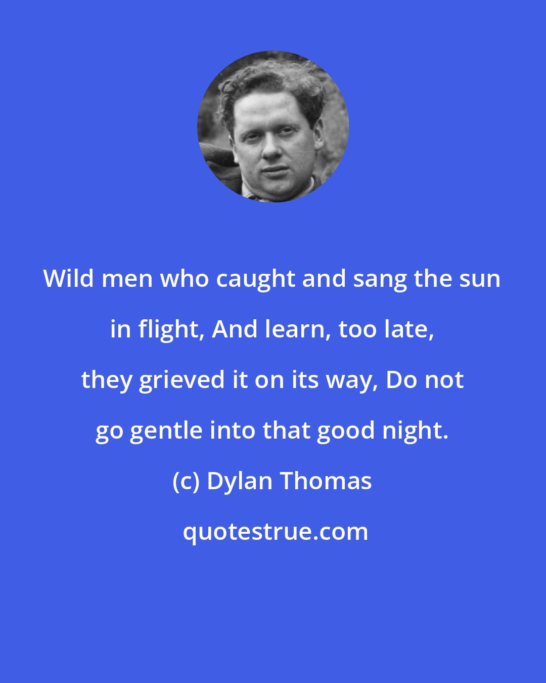 Dylan Thomas: Wild men who caught and sang the sun in flight, And learn, too late, they grieved it on its way, Do not go gentle into that good night.