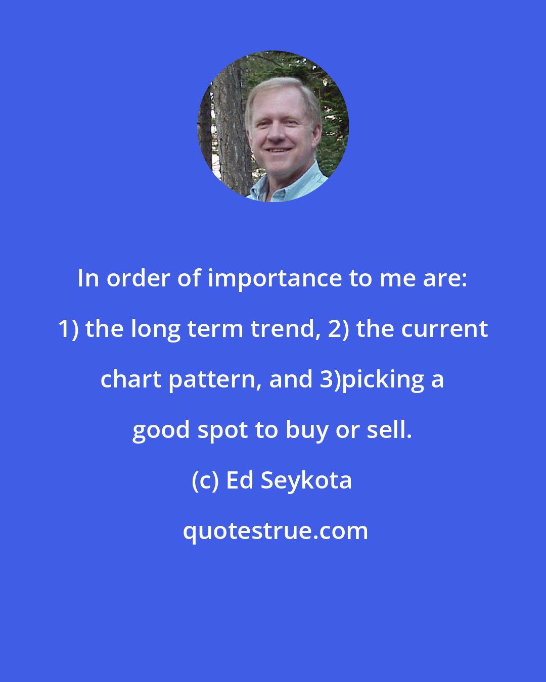 Ed Seykota: In order of importance to me are: 1) the long term trend, 2) the current chart pattern, and 3)picking a good spot to buy or sell.