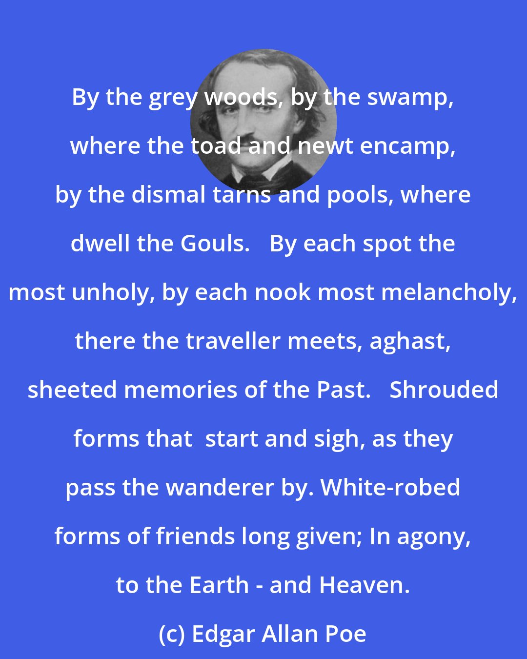 Edgar Allan Poe: By the grey woods, by the swamp, where the toad and newt encamp, by the dismal tarns and pools, where dwell the Gouls.   By each spot the most unholy, by each nook most melancholy, there the traveller meets, aghast, sheeted memories of the Past.   Shrouded forms that  start and sigh, as they pass the wanderer by. White-robed forms of friends long given; In agony, to the Earth - and Heaven.