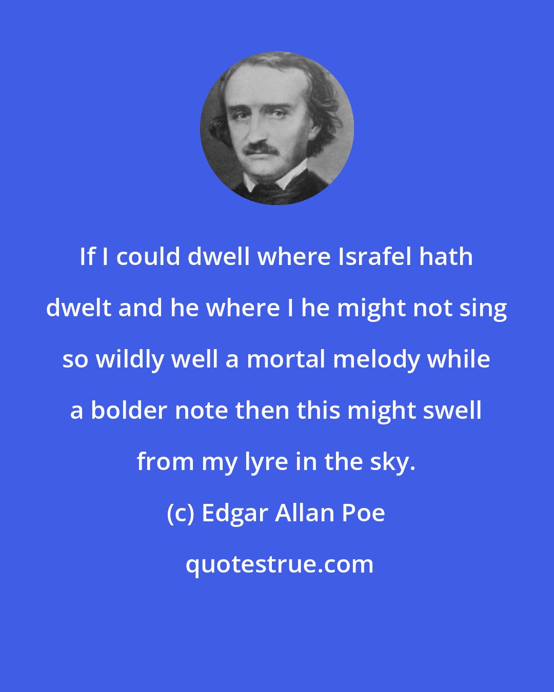 Edgar Allan Poe: If I could dwell where Israfel hath dwelt and he where I he might not sing so wildly well a mortal melody while a bolder note then this might swell from my lyre in the sky.