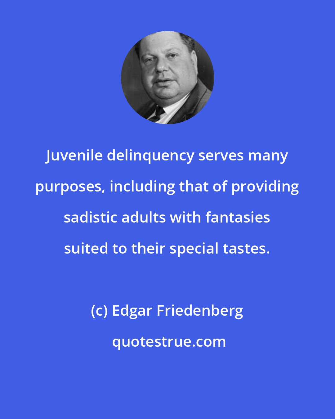 Edgar Friedenberg: Juvenile delinquency serves many purposes, including that of providing sadistic adults with fantasies suited to their special tastes.