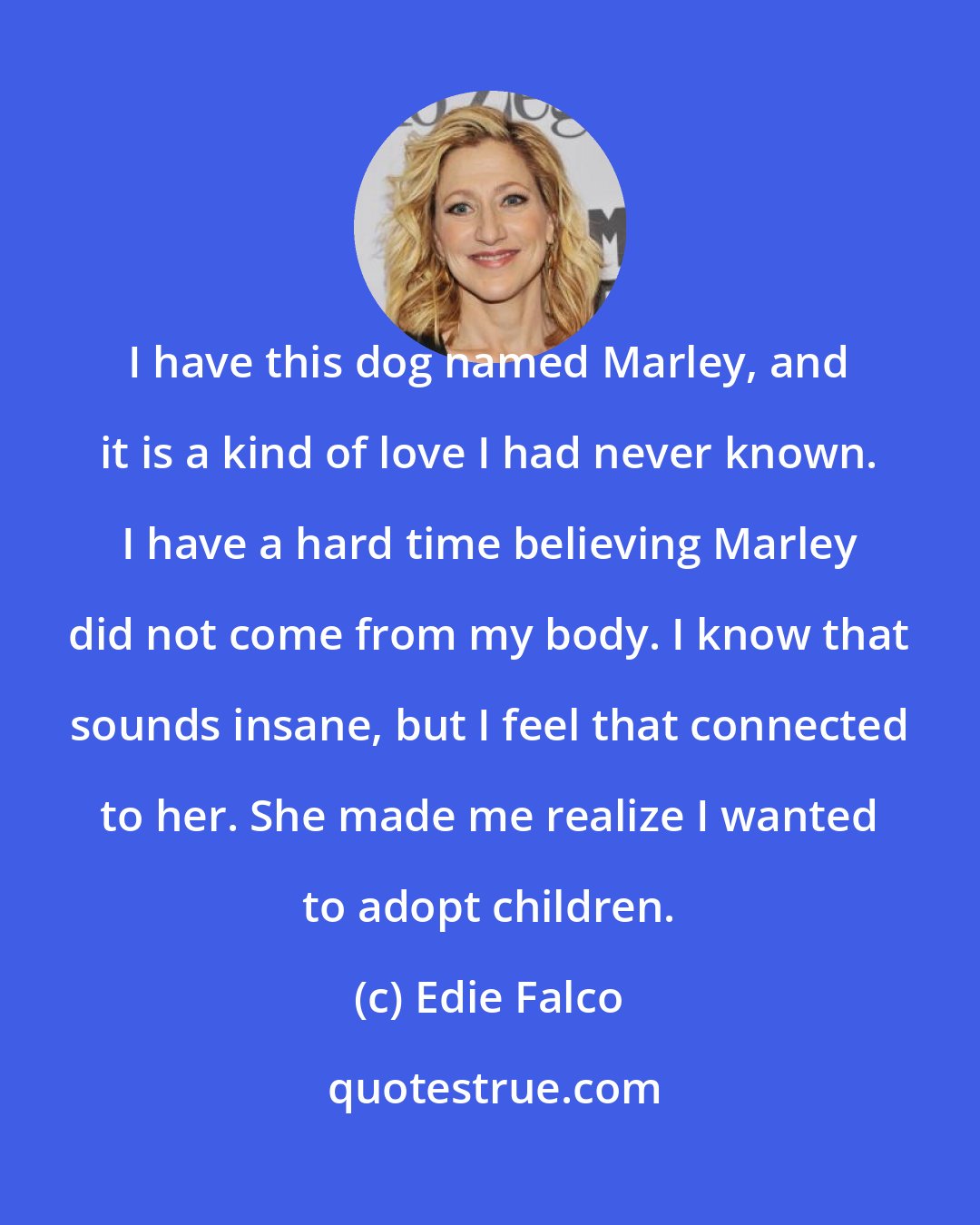 Edie Falco: I have this dog named Marley, and it is a kind of love I had never known. I have a hard time believing Marley did not come from my body. I know that sounds insane, but I feel that connected to her. She made me realize I wanted to adopt children.