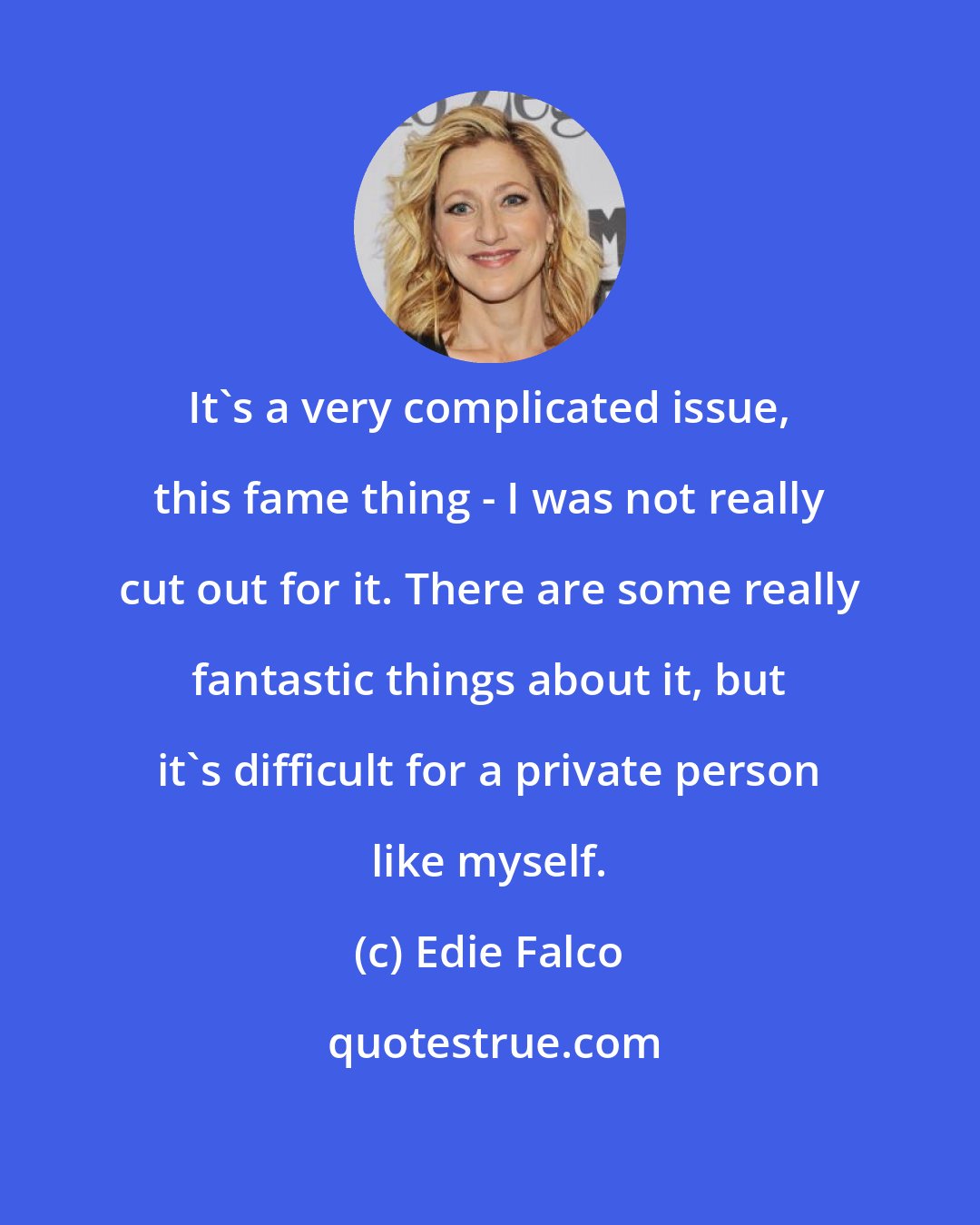 Edie Falco: It's a very complicated issue, this fame thing - I was not really cut out for it. There are some really fantastic things about it, but it's difficult for a private person like myself.