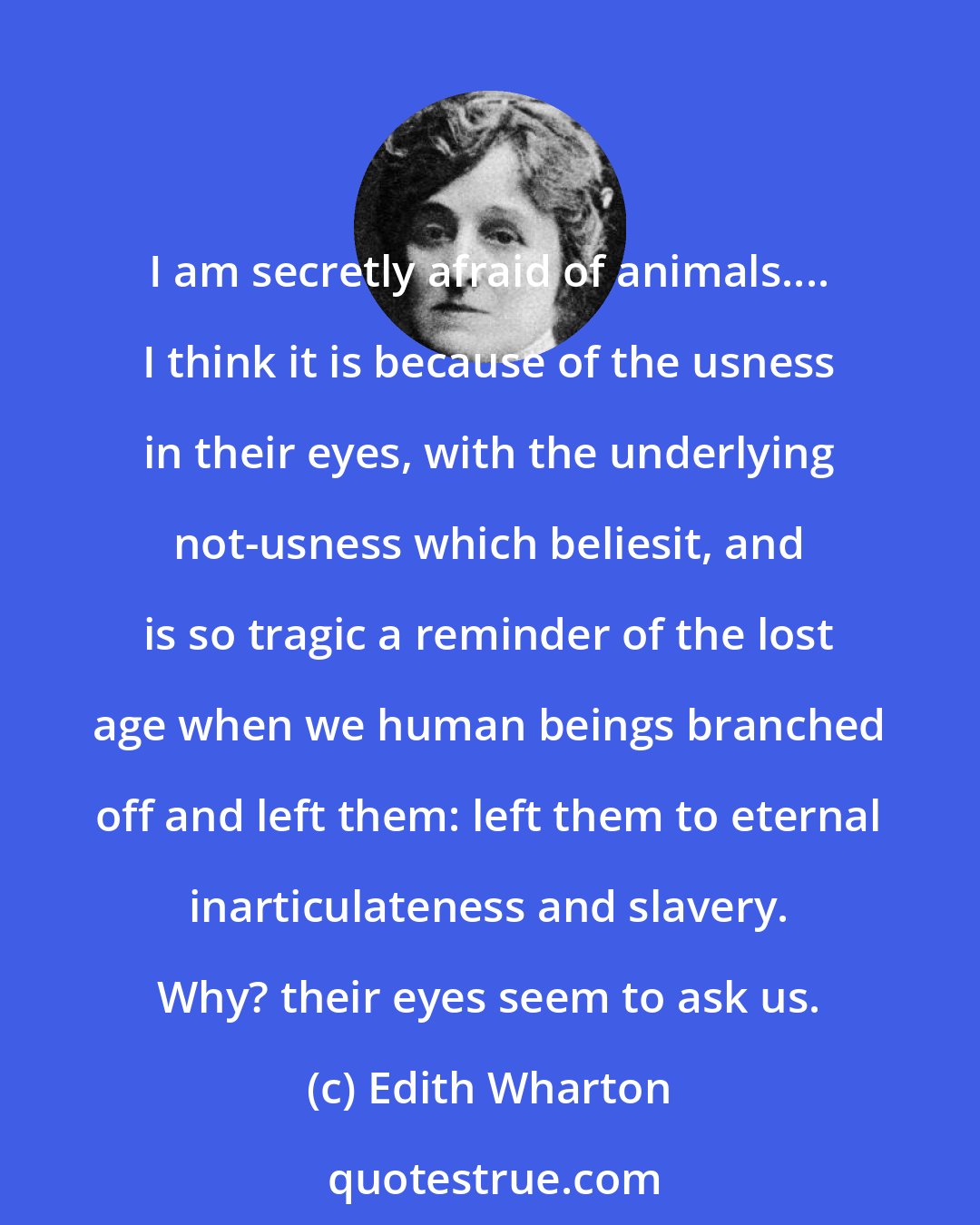 Edith Wharton: I am secretly afraid of animals.... I think it is because of the usness in their eyes, with the underlying not-usness which beliesit, and is so tragic a reminder of the lost age when we human beings branched off and left them: left them to eternal inarticulateness and slavery. Why? their eyes seem to ask us.