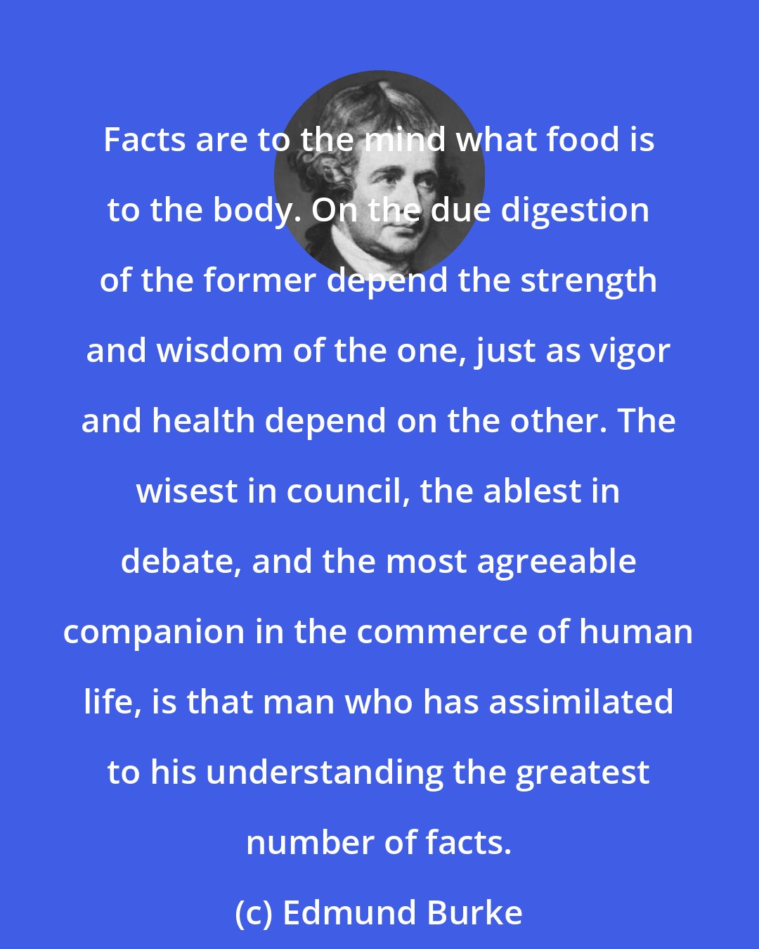 Edmund Burke: Facts are to the mind what food is to the body. On the due digestion of the former depend the strength and wisdom of the one, just as vigor and health depend on the other. The wisest in council, the ablest in debate, and the most agreeable companion in the commerce of human life, is that man who has assimilated to his understanding the greatest number of facts.