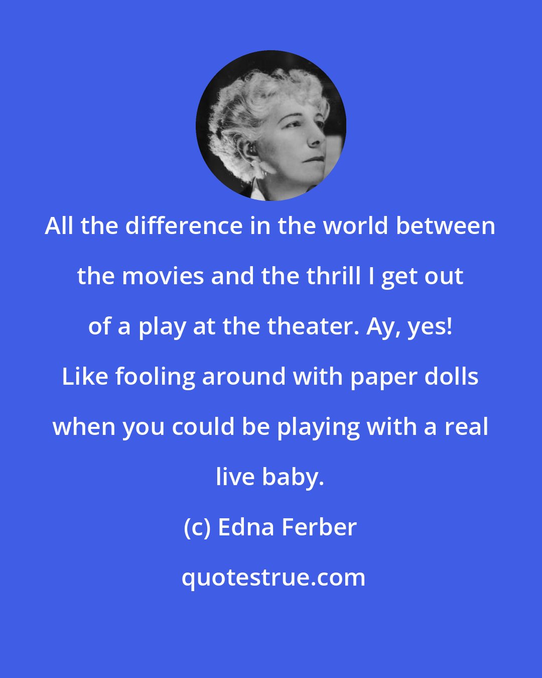 Edna Ferber: All the difference in the world between the movies and the thrill I get out of a play at the theater. Ay, yes! Like fooling around with paper dolls when you could be playing with a real live baby.