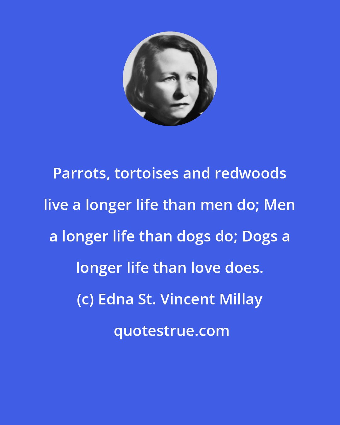 Edna St. Vincent Millay: Parrots, tortoises and redwoods live a longer life than men do; Men a longer life than dogs do; Dogs a longer life than love does.