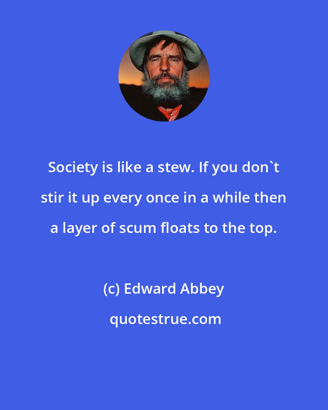 Edward Abbey: Society is like a stew. If you don't stir it up every once in a while then a layer of scum floats to the top.