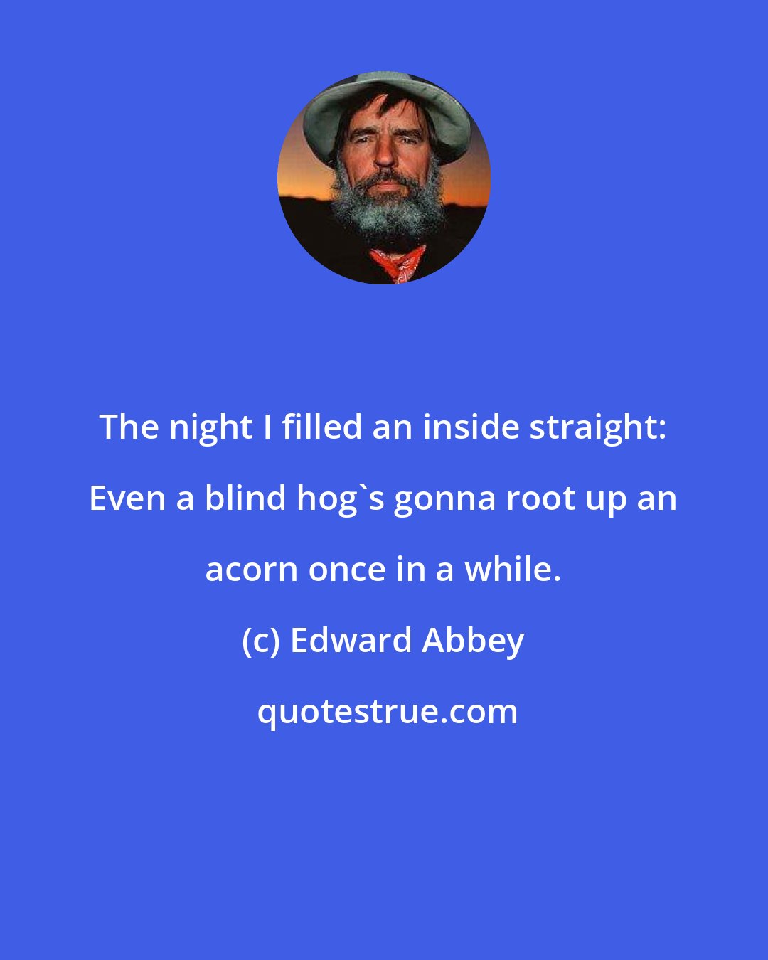 Edward Abbey: The night I filled an inside straight: Even a blind hog's gonna root up an acorn once in a while.