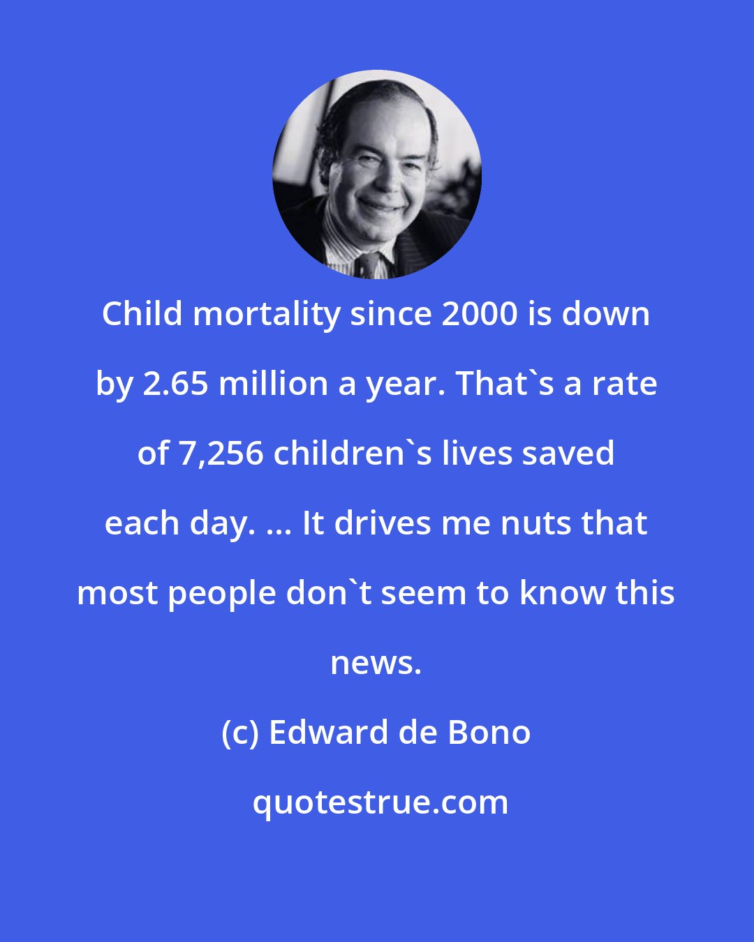 Edward de Bono: Child mortality since 2000 is down by 2.65 million a year. That's a rate of 7,256 children's lives saved each day. ... It drives me nuts that most people don't seem to know this news.