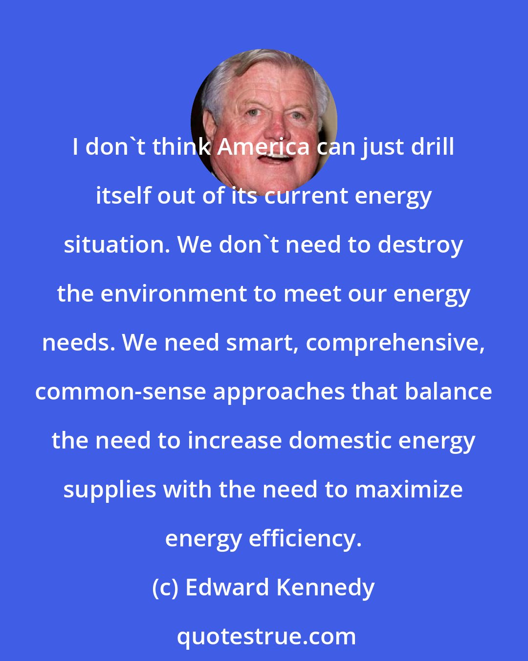 Edward Kennedy: I don't think America can just drill itself out of its current energy situation. We don't need to destroy the environment to meet our energy needs. We need smart, comprehensive, common-sense approaches that balance the need to increase domestic energy supplies with the need to maximize energy efficiency.