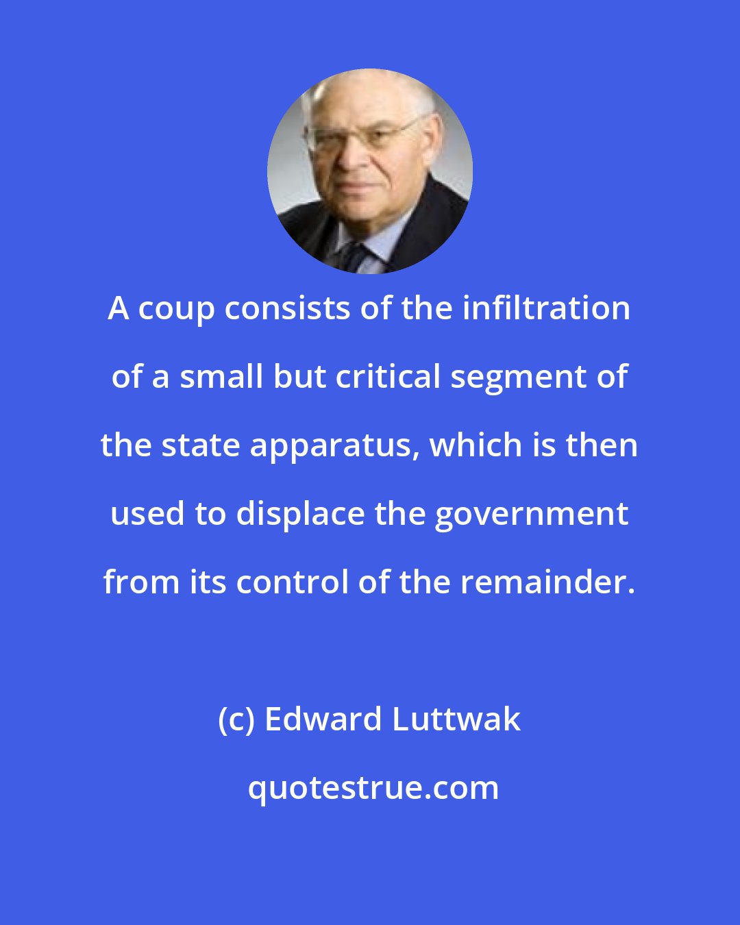 Edward Luttwak: A coup consists of the infiltration of a small but critical segment of the state apparatus, which is then used to displace the government from its control of the remainder.