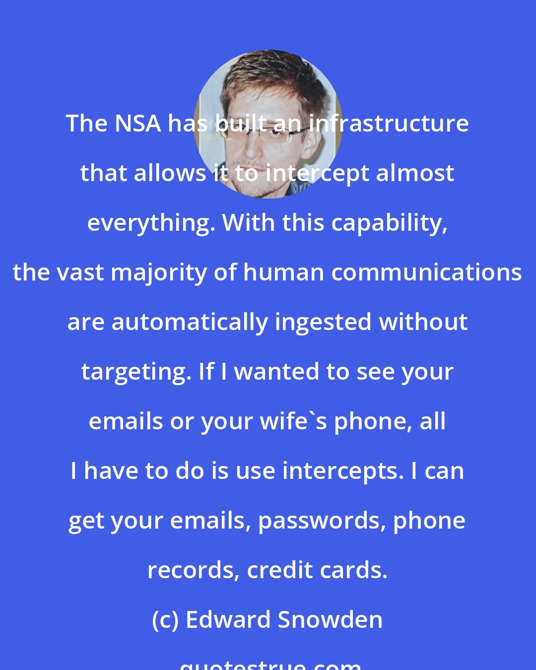 Edward Snowden: The NSA has built an infrastructure that allows it to intercept almost everything. With this capability, the vast majority of human communications are automatically ingested without targeting. If I wanted to see your emails or your wife's phone, all I have to do is use intercepts. I can get your emails, passwords, phone records, credit cards.