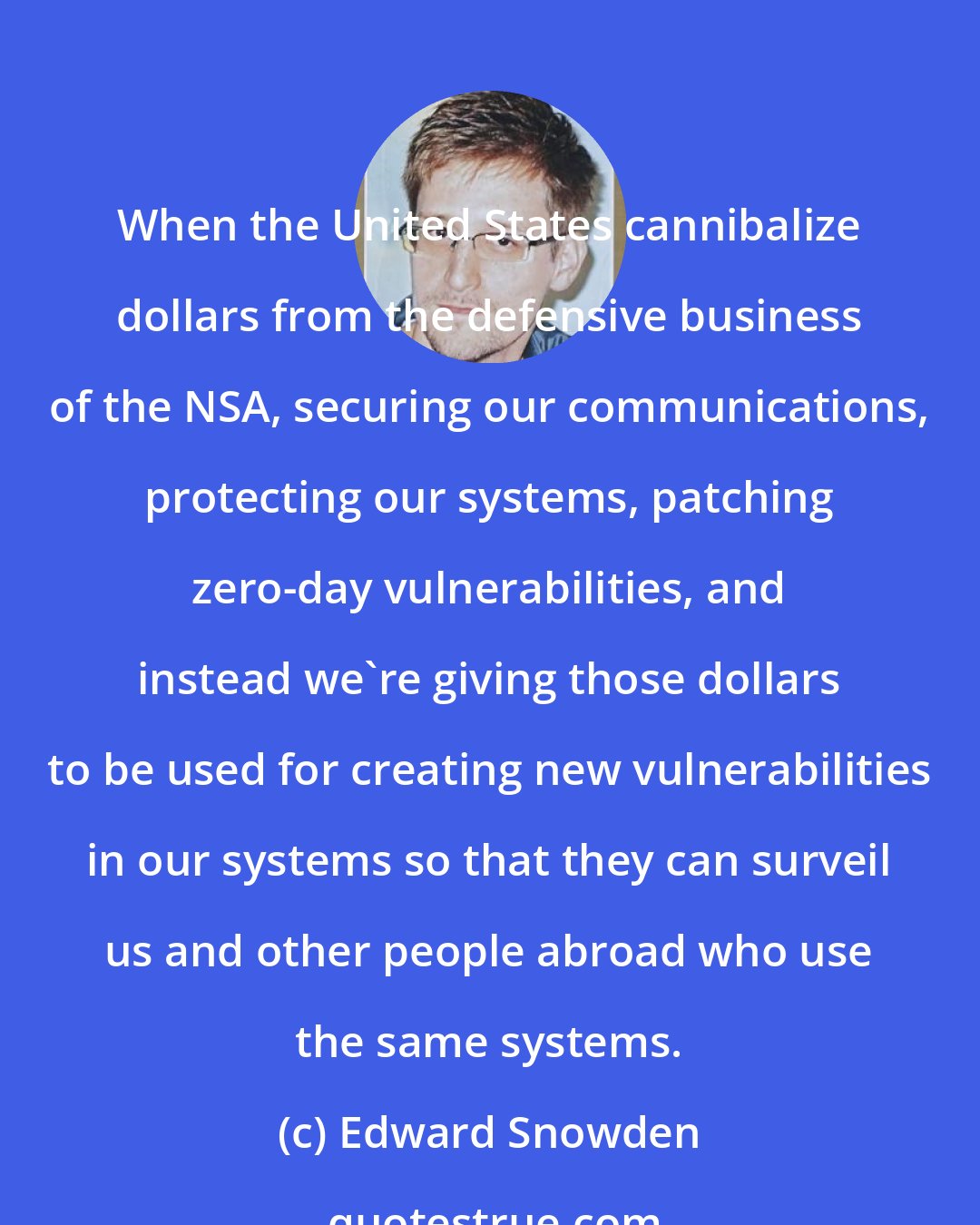 Edward Snowden: When the United States cannibalize dollars from the defensive business of the NSA, securing our communications, protecting our systems, patching zero-day vulnerabilities, and instead we're giving those dollars to be used for creating new vulnerabilities in our systems so that they can surveil us and other people abroad who use the same systems.