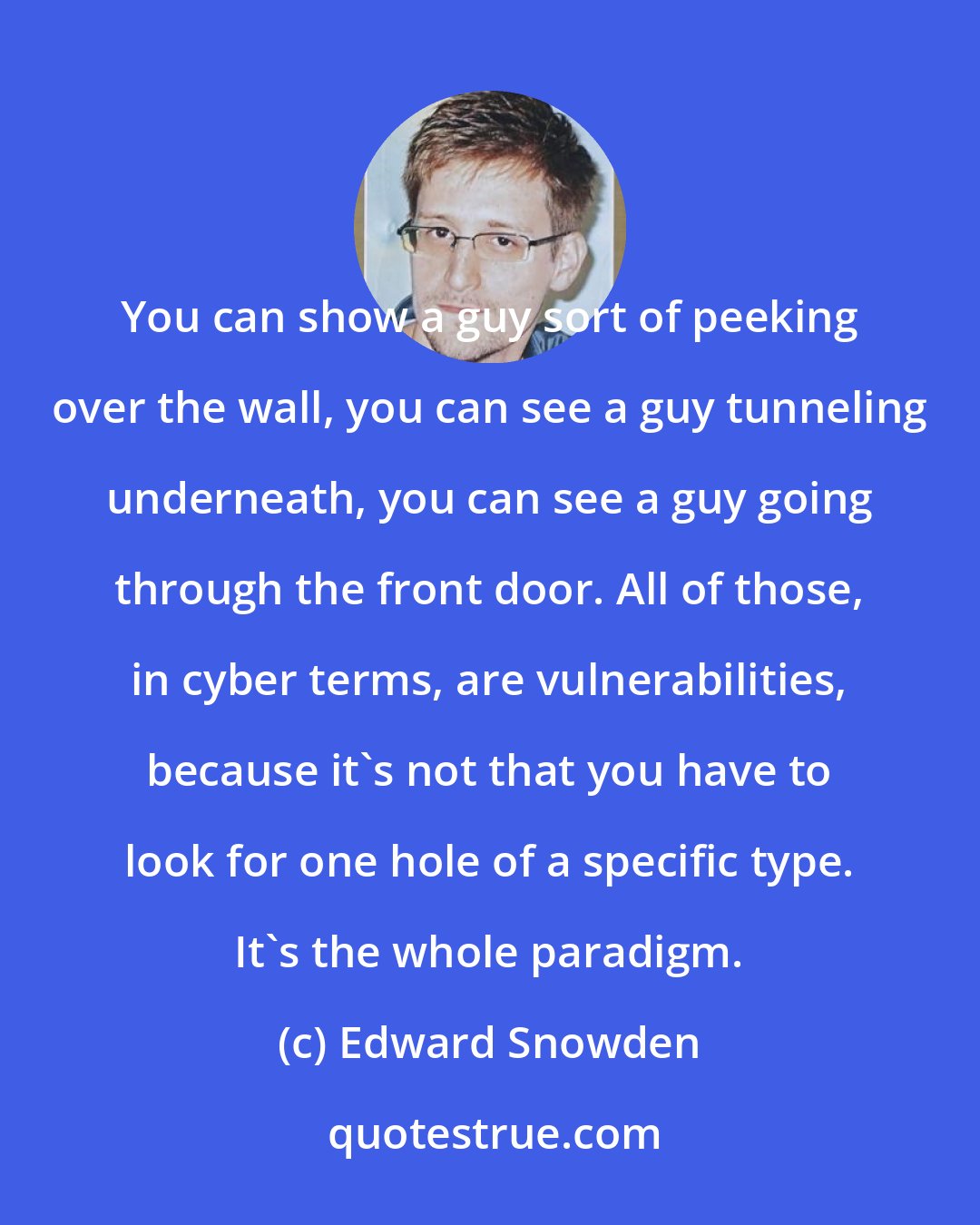 Edward Snowden: You can show a guy sort of peeking over the wall, you can see a guy tunneling underneath, you can see a guy going through the front door. All of those, in cyber terms, are vulnerabilities, because it's not that you have to look for one hole of a specific type. It's the whole paradigm.