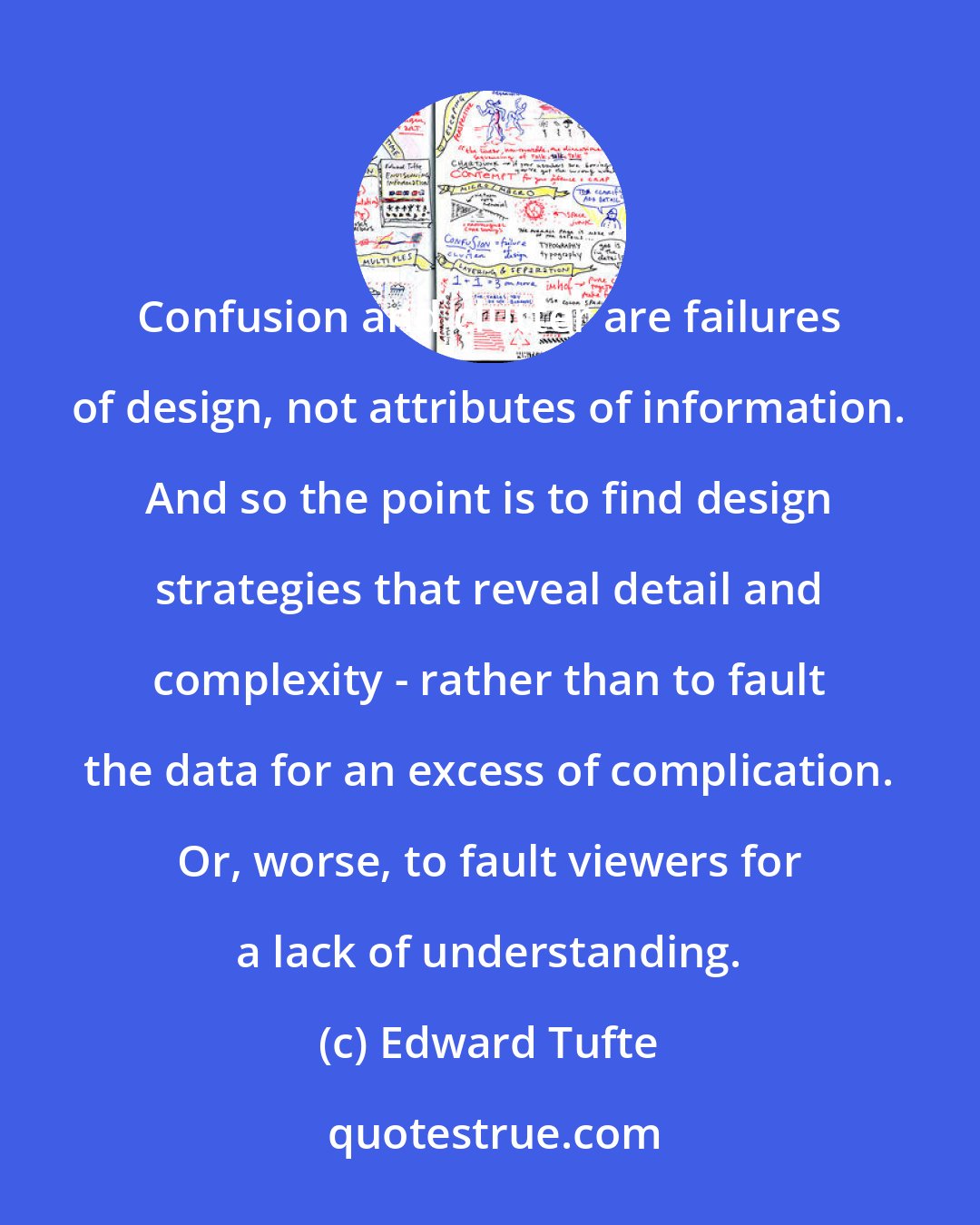 Edward Tufte: Confusion and clutter are failures of design, not attributes of information. And so the point is to find design strategies that reveal detail and complexity - rather than to fault the data for an excess of complication. Or, worse, to fault viewers for a lack of understanding.